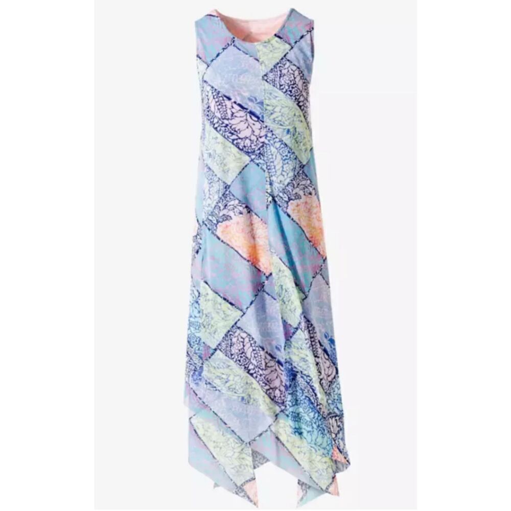 Chico’s Off The Rack Maxi Dress Artsy Puzzle Layered Mesh Floral Midi Size M/1